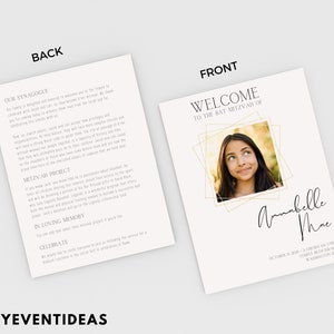 May include: A white card with gold accents and a photo of a young person. The text on the card reads "Welcome to the Bat Mitzvah of Annabelle Mae" and includes the date, time, and location of the event.