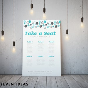 May include: A white printable seating chart with a teal and black peace sign and flower pattern border. The text "Take a Seat" is in teal with the words "Rachel's Baimitzvah" below. The chart lists tables 1 through 6 with names for each table.