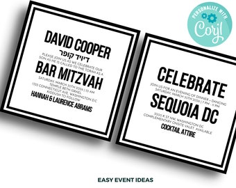 Square Bar/Bat Mitzvah Invitation, Editable Digital Template
