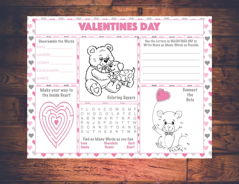 Kids Valentines Day Activity Printable Placemat Instant | Etsy