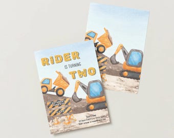 Construction Birthday Invitation Canva Editable Digger Theme Truck Party Watercolor invite, Personalizable (Digital Download)