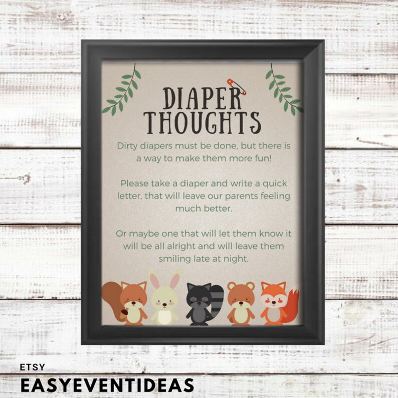 Woodland Creatures Baby Shower Diaper Thoughts Sign Printable Instant ...