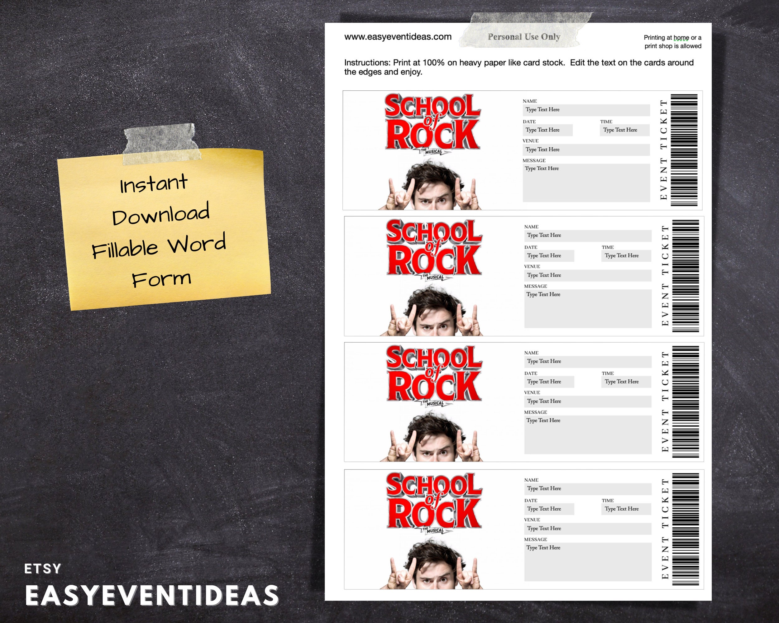 Printable School of Rock the Musical Editable School of Rock Tickets