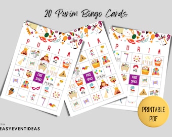 Purim Bingo Game | 20 Printable Cards, School Party (Instant PDF Download)