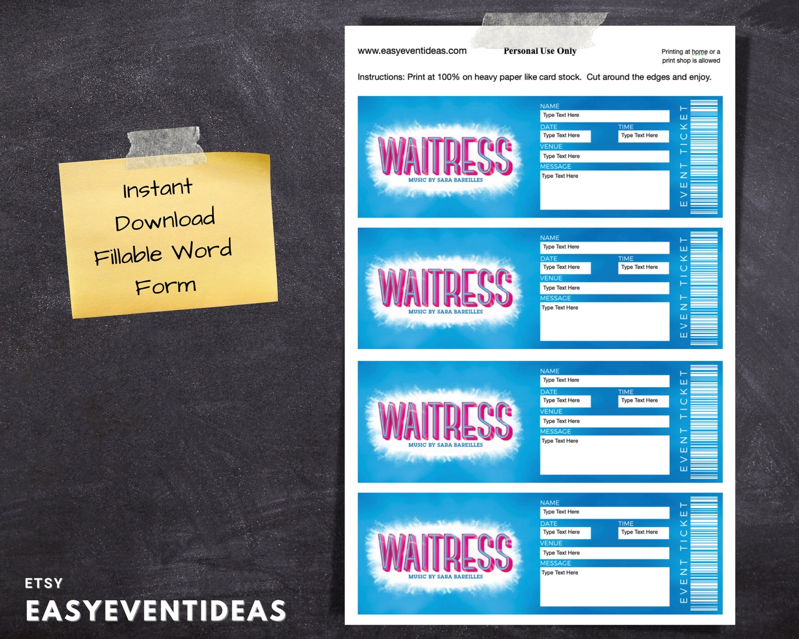 Printable Waitress Ticket Editable Waitress Tickets Musical Fake