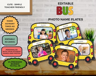 Editable Bus Student Photo and Name DIY Bulletin Board Decorations, Classroom Photo Display, Printable Canva Design