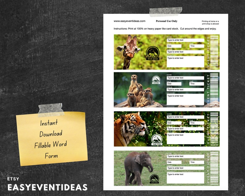 Printable Zoo Ticket, Editable Zoo Gift Tickets, Fake Zoo Surprise