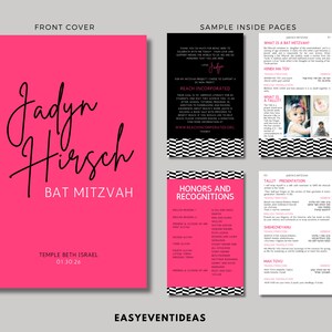 May include: A pink and black Bat Mitzvah invitation with the name "Jadyn Hirsch" in a cursive font. The invitation includes the text "Bat Mitzvah", "Temple Beth Israel", and "01.30.26". The invitation also includes a sample inside page with the text "What is a Bat Mitzvah?" and "Honors and Recognitions".