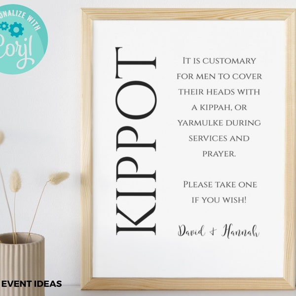 Kippot Sign Template, Printable Minimalist Kippah Sign, Jewish Wedding Yarmulke, Mitzvah Kippot Sign, Instant Download, Corjl Template