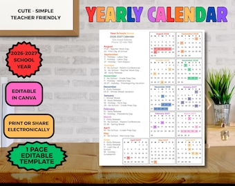 Editable 2026-2027 School Year Calendar, Homeschool Calendar, Editable Canva DIY Template