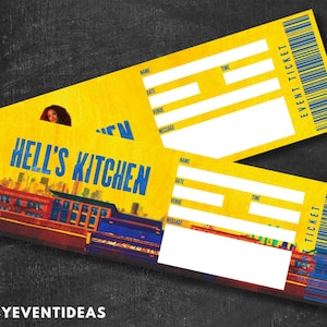 Może przedstawiać: Dwa żółte i niebieskie bilety eventowe do wydrukowania z tekstem "Hell's Kitchen" i kodem kreskowym. Bilety mają pola na imię i nazwisko, datę, miejsce, wiadomość i godzinę.