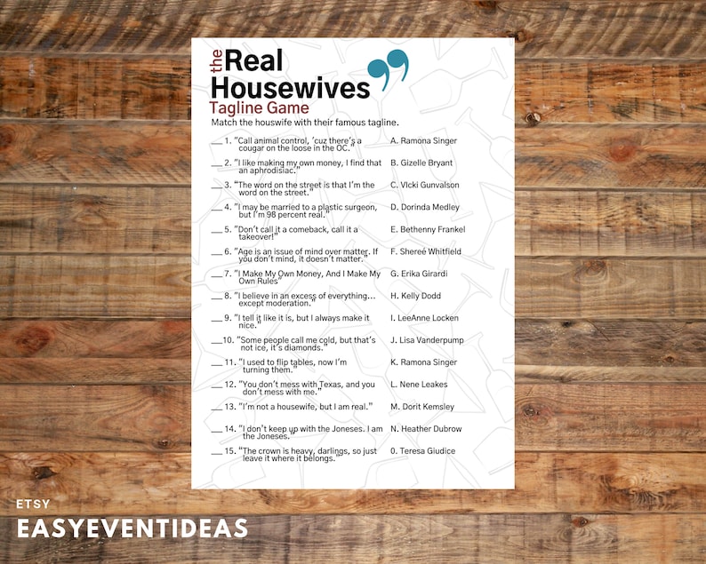 The Real Housewives Tagline Game Housewives Tagline Quiz Etsy
