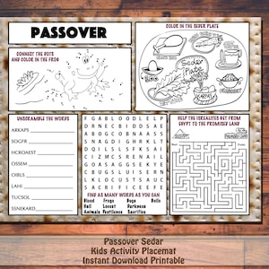Puede incluir: Un mantel individual de actividades de Seder de Pascua imprimible para niños. El mantel individual incluye una actividad de unir los puntos, una búsqueda de palabras, un laberinto y una página para colorear. El mantel individual está decorado con un tema de Pascua, incluyendo un plato de Seder, una rana y una matzá.