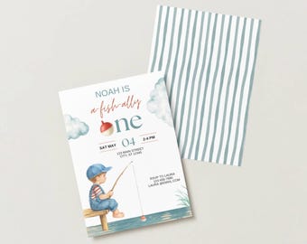 Fishing First Birthday Invitation, "O-Fish-Ally One" Party DIY Canva Template (Digital Download)