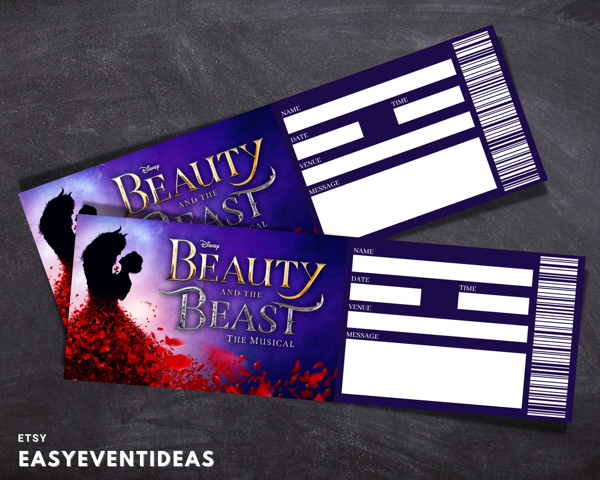 Printable Beauty and the Beast Ticket Editable Tickets Musical Fake