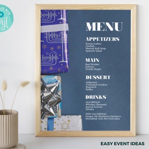 Menu de fête de HANUKKAH modifiable, panneau alimentaire de Hanoukka, panneau de menu de Hanoukka, cartes de menu alimentaire de Hanoucca Imprimer Modifier à la maison, 3 tailles Corjl imprimable