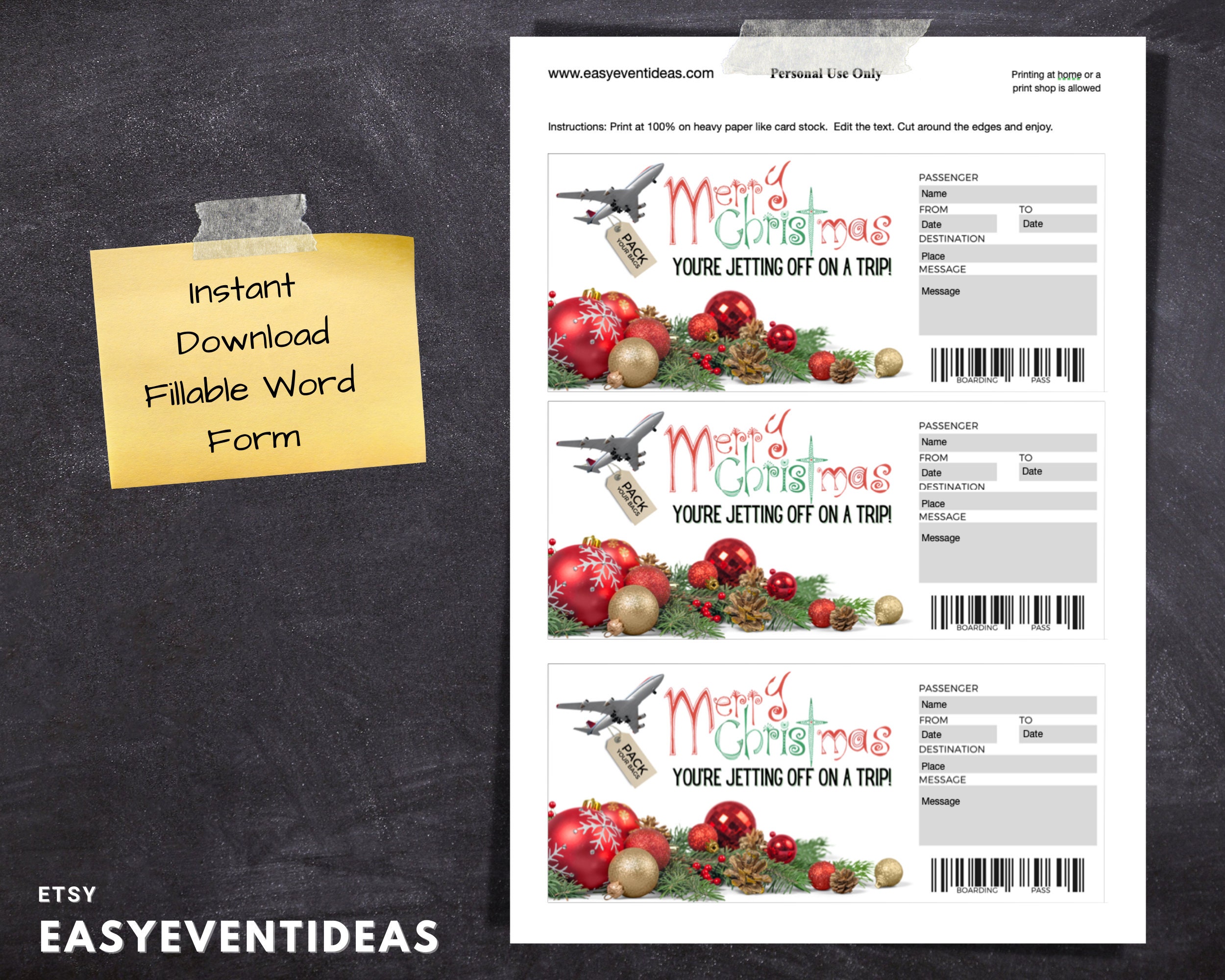 Printable Christmas Flight Ticket | Editable Holiday Flight Tickets ...