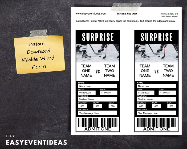Printable Gift Hockey Tickets | Editable Hockey Tickets | Hockey Fake Surprise Ticket | Hockey ...