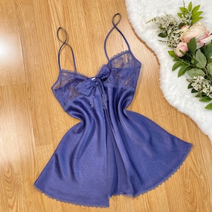 Vintage Victoria’s Secret dark slate blue open front sheer lace and silk babydoll