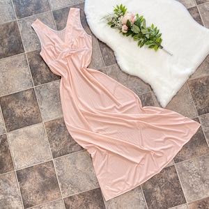 Vintage peachy pink and thin blue pinstripe maxi length nylon slip dress