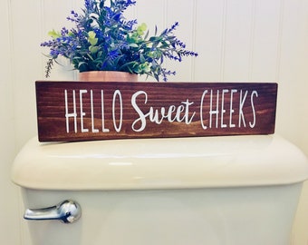 Hello sweet cheeks bathroom sign - rustic bathroom decor - funny bathroom signs - painted wood signs