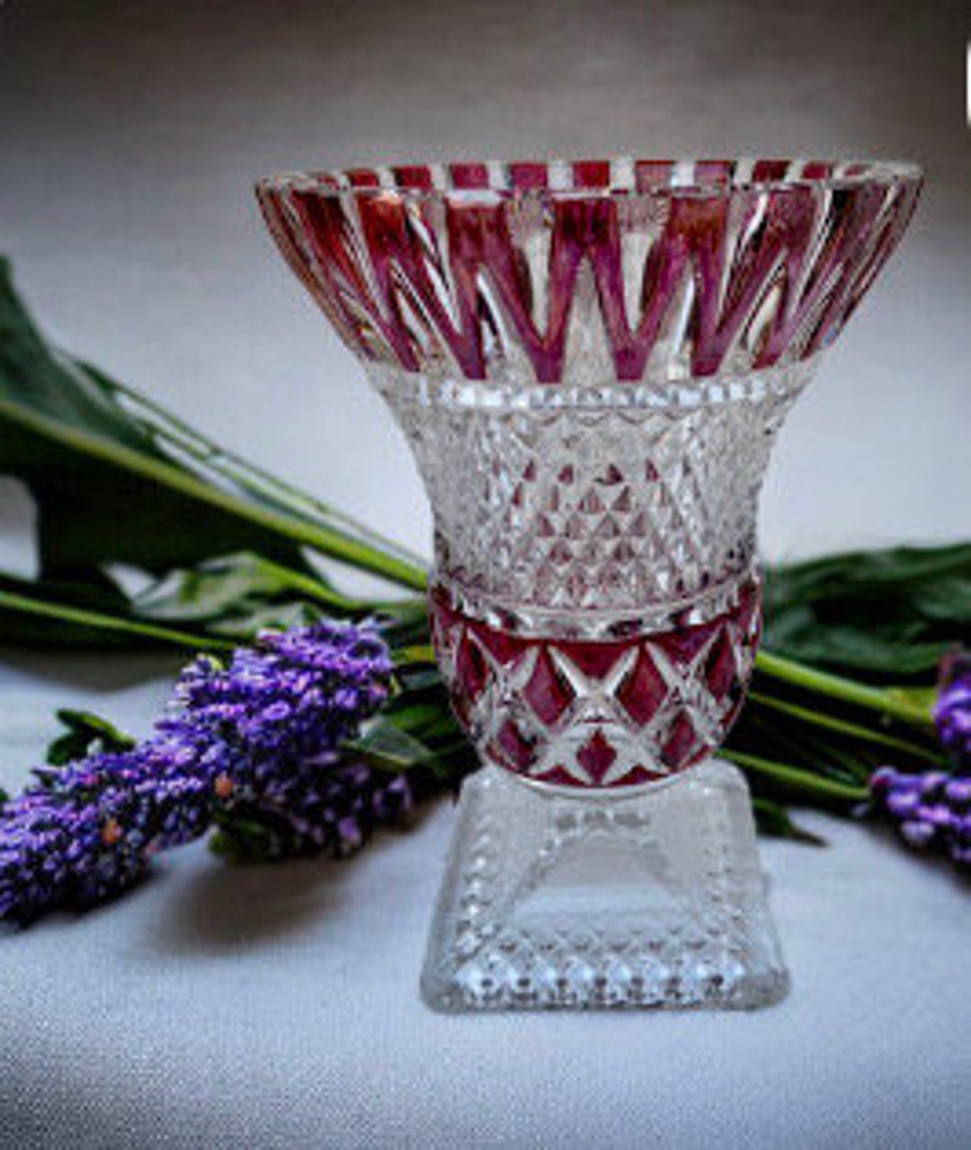Vintage German Crystal Vase With Red Details Anna Hute Etsy