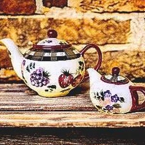 5 cup Teapot with Lid  matching individual mini tea pot Oneida Strawberry plaid Handpainted!