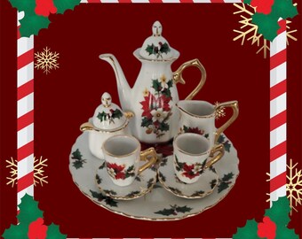 Miniature Christmas Tea Set: Formalities Baum Bros. Poinsettia 10-pc Display