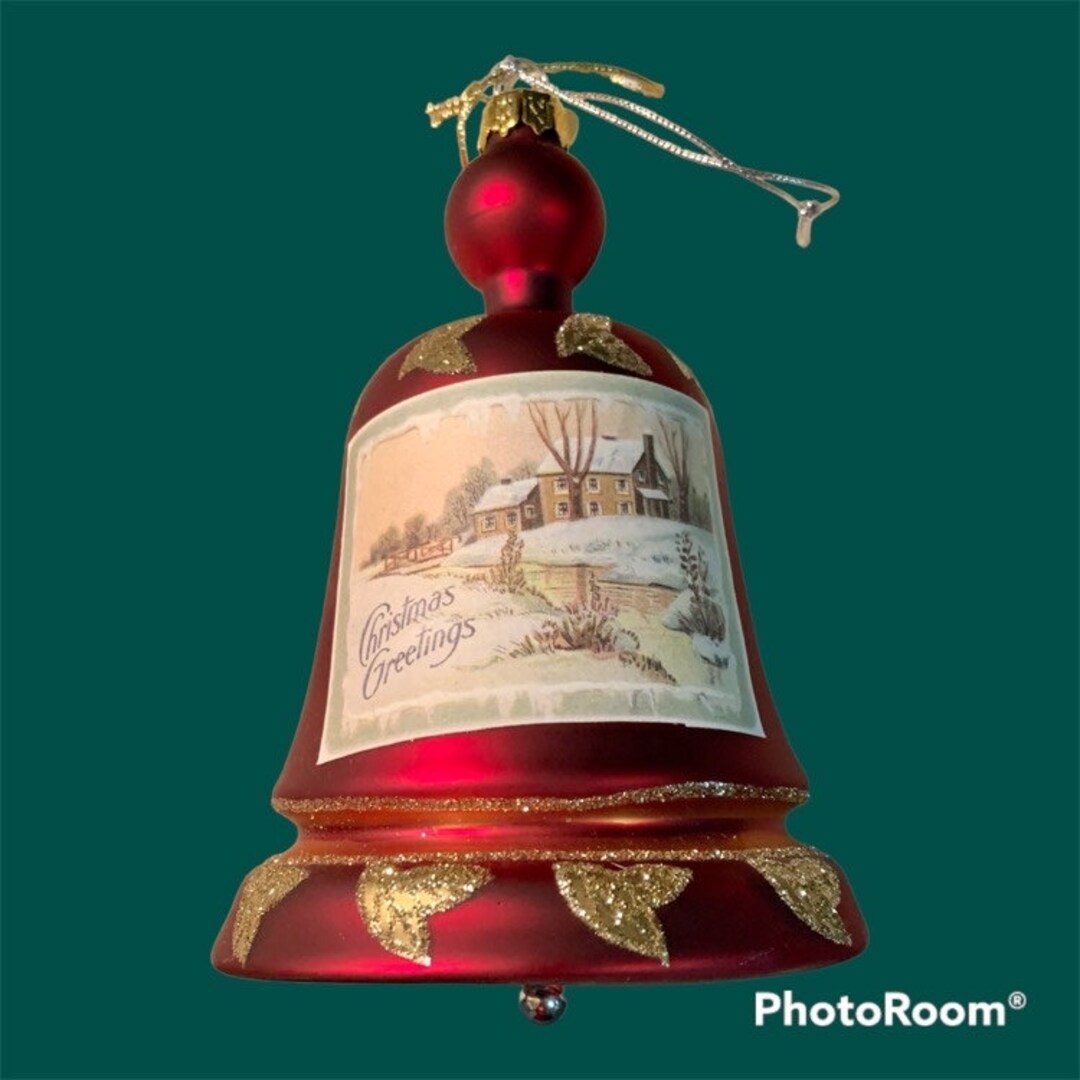 CF Seasons of Cannon Falls Red Blown Glass Bell Christmas Tree Ornament