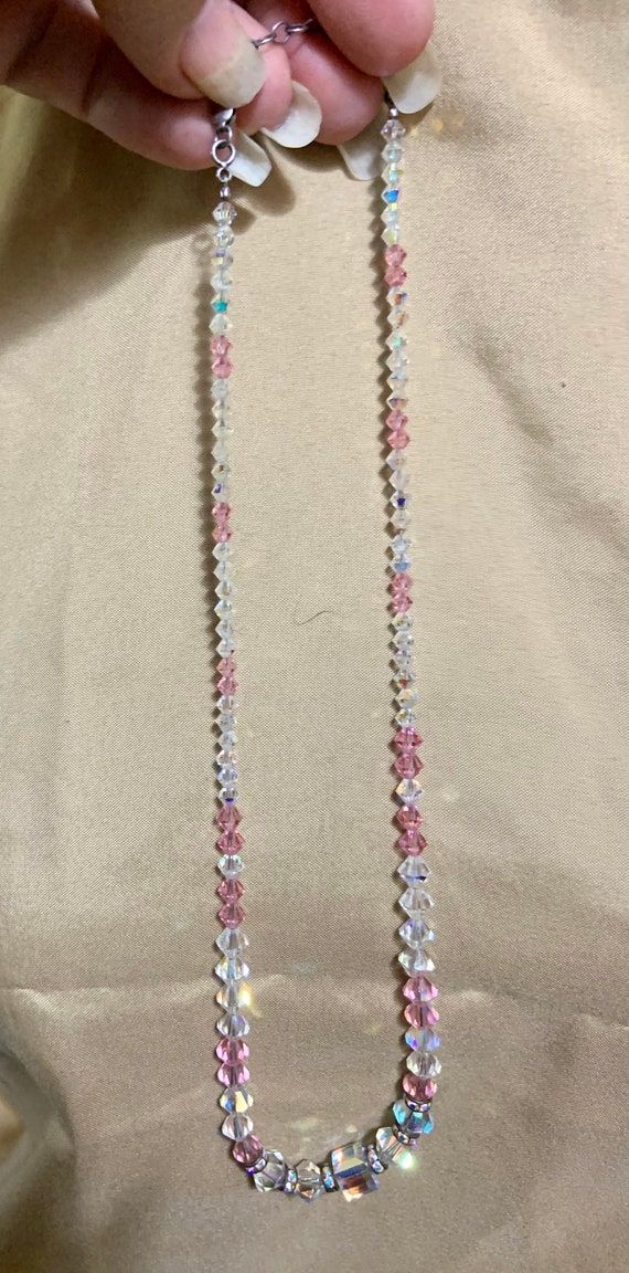 Pink and white crystal, one square necklace