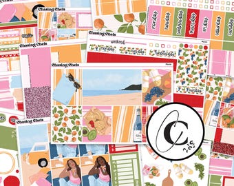 May include: A set of colorful planner stickers with a summer theme. The stickers feature illustrations of a beach, a picnic basket, fruit, and a car. The stickers are labeled with the words "Chasing Chels" and "Weekend".