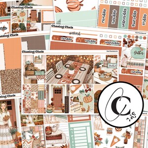 May include: A collection of planner stickers and decorative elements in a fall theme. The designs include pumpkins, leaves, and cozy home scenes in shades of orange, brown, and teal. The text "Chasing Chels" is visible.
