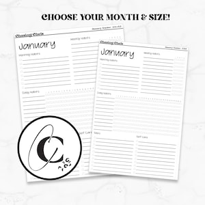May include: Two printable January habit tracker pages with the text "Chasing Chefs" and "January" at the top. The pages are divided into sections for monthly, weekly, daily habits, self care, and tasks.