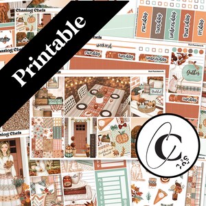 May include: A collection of printable planner stickers with a fall theme. The stickers feature illustrations of pumpkins, autumn leaves, and cozy home scenes. The word "Printable" is displayed across the image.