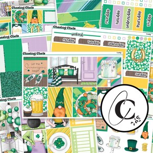 Lucky - Kit d'autocollants pour la Saint-Patrick pour hebdomadaire vertical, Hobonichi Cousin, Hobonichi Weeks, Daily et Bullet Journal