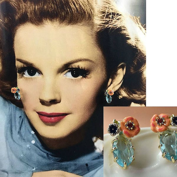 Floral Enamel Earrings - Poppy - Rhinestones - faux Aquamarine - Garden - Prom