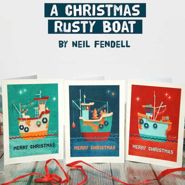 3 Christmas Rusty Boat Greeting Cards with Envelopes