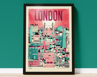 Op de afbeelding: Een poster in vintage stijl met een kleurrijke illustratie van de skyline van Londen. De poster toont iconische bezienswaardigheden zoals Big Ben, het London Eye en The Shard. De tekst "LONDON" staat in vetgedrukte rode letters bovenaan de poster.