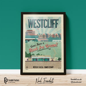 May include: A vintage-style poster advertising Rossi Ice Cream in Westcliff-on-Sea, Essex, England. The poster features a colourful illustration of the seaside town with a retro font and a sunburst design.