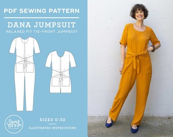 Jumpsuit sewing pattern | Tie-Front Jumpsuit | Sizes 0-32 | Dana Jumpsuit Instant Download | PDF Instruction E-book | pattern + tutorial