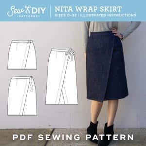 May include: A digital sewing pattern for a wrap skirt called the Nita Wrap Skirt. The pattern includes illustrated instructions and is available in sizes 0-32.