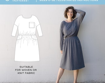 Elastic Waist Dress Sewing Pattern: Lou Box Dress 2 PDF Pattern, Sizes 0-32