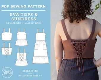 PDF Woven Lace Up Tops & Sundress Sewing Pattern | US Sizes 0-32 | Cup Sizes A-F | Eva Sewing Pattern | Intermediate | Instant Download