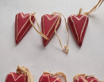 Vintage Red Country Heart Ornaments Folk Art Valentine's Day Clay Ornaments 6 pieces