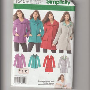 May include: Simplicity sewing pattern 1540 R5 featuring four coat designs in various colors: purple, teal, red, and gray. The pattern includes sizes 14-22. The price is $16.95.