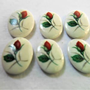 Vintage 18x13mm Red Rose Bud on White Glass Oval Cabochons (6) #QQQ1