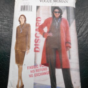 May include: A sewing pattern for a long coat and skirt. The pattern is for sizes 8-10-12. The pattern is from Vogue Woman and is labeled "Discard".