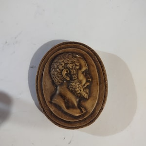 May include: A brown oval-shaped cameo with a detailed profile of a man with a beard. The cameo is made of a smooth, textured material.