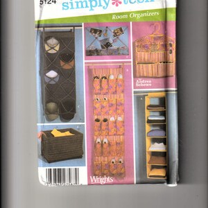 May include: Simplicity pattern for simply teen room organizers. The cover shows various storage solutions, including a hanging hat rack, shoe organizer, and a basket. The pattern includes instructions for creating these items.