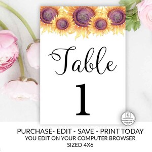 Modelo de números de mesa, números de mesa para impressão, números de mesa de casamento, download instantâneo, casamento de girassol, VOCÊ EDITA, faça você mesmo, modelo de casamento